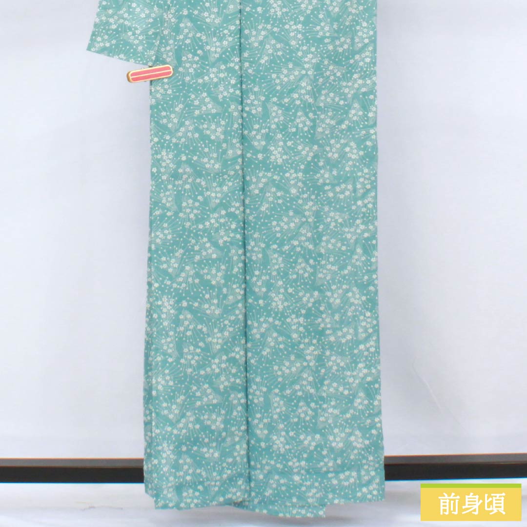 夏物 ポリエステル 小紋 身丈161cm 裄丈64cm 水浅葱色(みずあさぎいろ) 小花 洗える着物 絽 Aランク 水色系 1132002473424