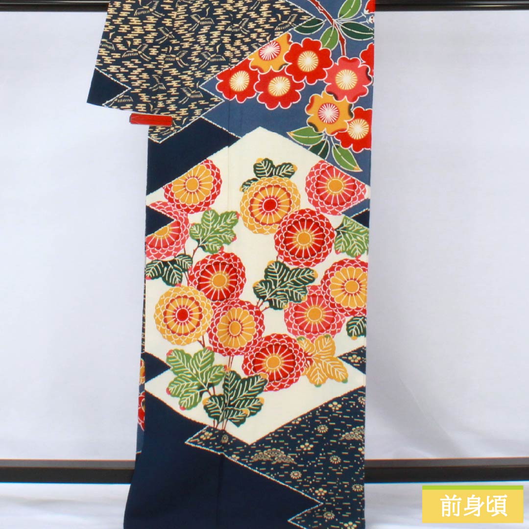 訪問着 正絹 Aランク 袷 身丈164.5cm 裄丈68cm 紺色(こんいろ) 京紅型 栗山吉三郎 栗山公房 紺系 1112006443418