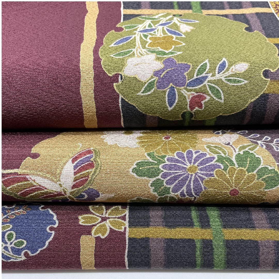 Nagoya obi, rosewood color, classic pattern, snowflake, butterfly, floral pattern, obi length 377cm, polyester, S rank, full length, casual, purple, 1124005052320, Nagoya style