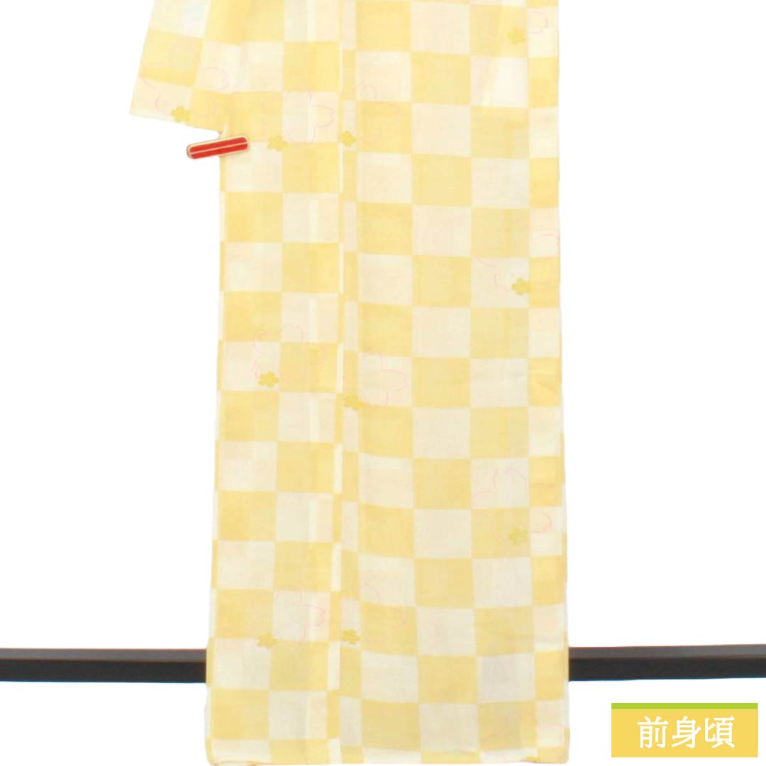 Summer Polyester Komon S Rank Length 167.5cm Sleeve Length 68cm Kikarakami-iro Checkered Sakura Washable Kimono Gauze Yellow 1132003542523