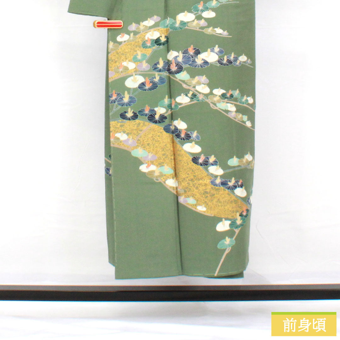 Homongi, pure silk, lined, length 146.5cm, sleeve length 60cm, rokan-iro, Kyoto yuzen, abstract pattern, basting thread included, unused, S rank, green, 1112005102119