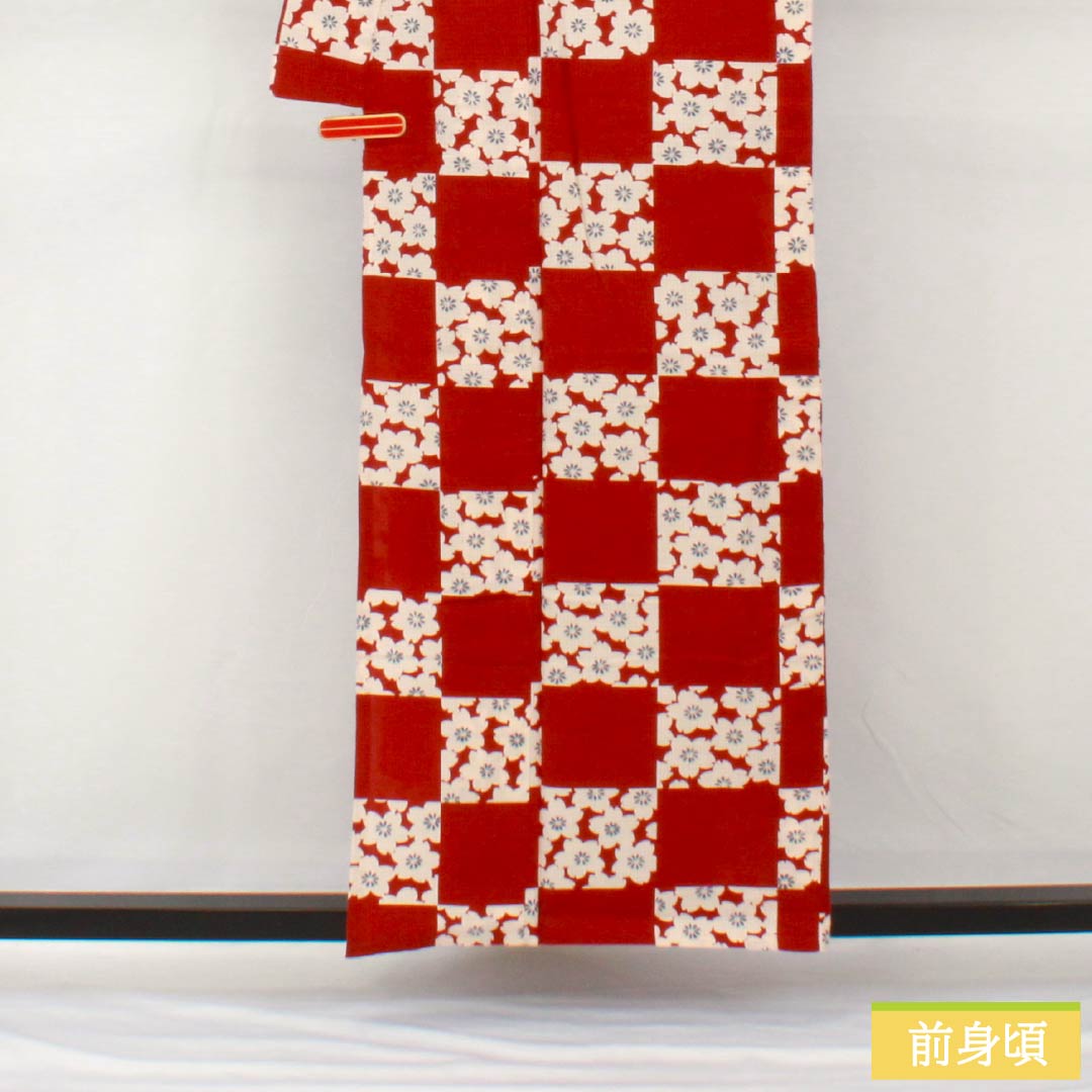 Yukata Cotton Length 157cm Sleeve length 67cm B rank Single layer Vermilion Deep maple color (Koimomijiiro) Checkered pattern Cherry blossoms Fumatsuan 1118005524316