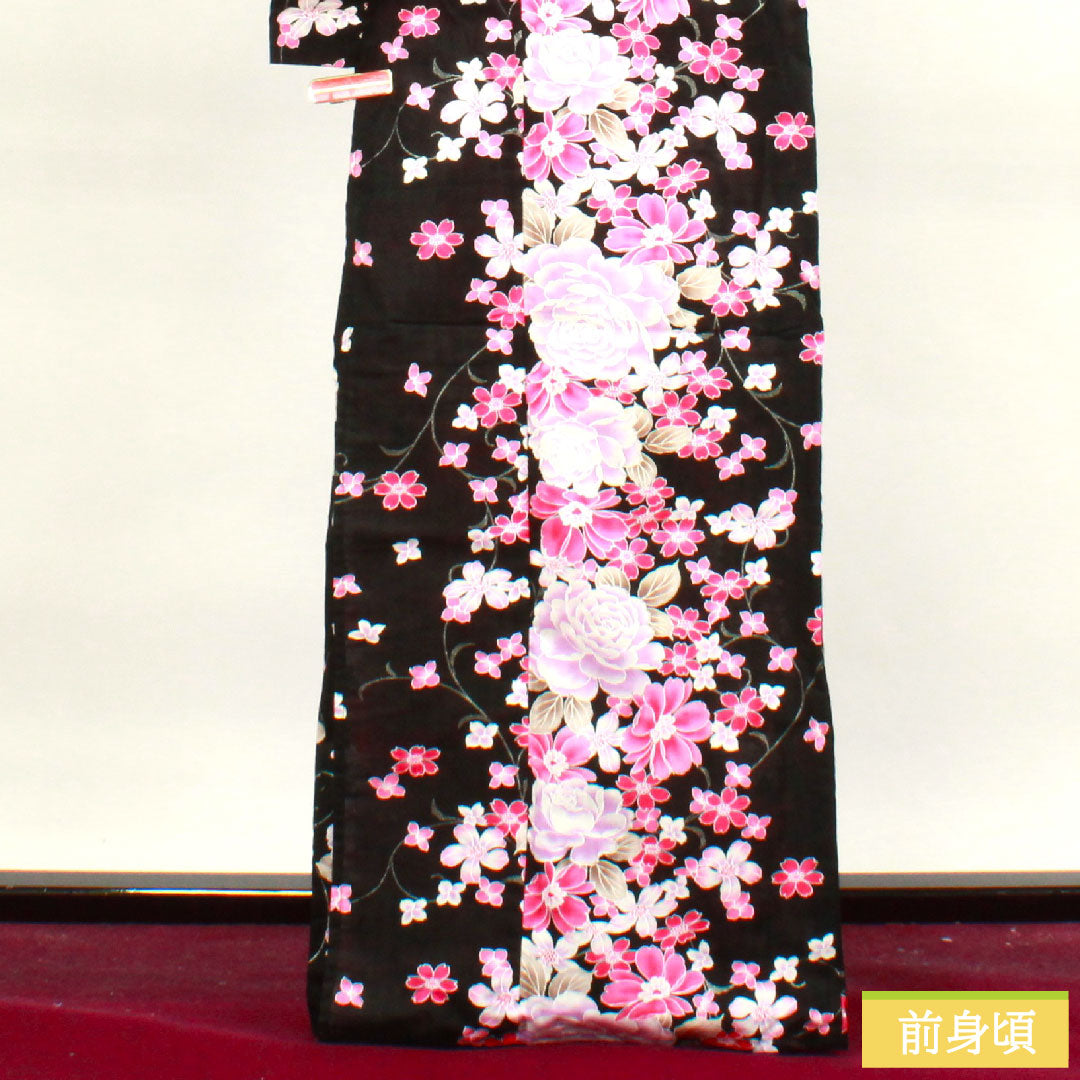 浴衣 木綿 身丈165.5cm 裄丈64.5cm Sランク 単衣 黒系 薔薇 桜 1118004512510