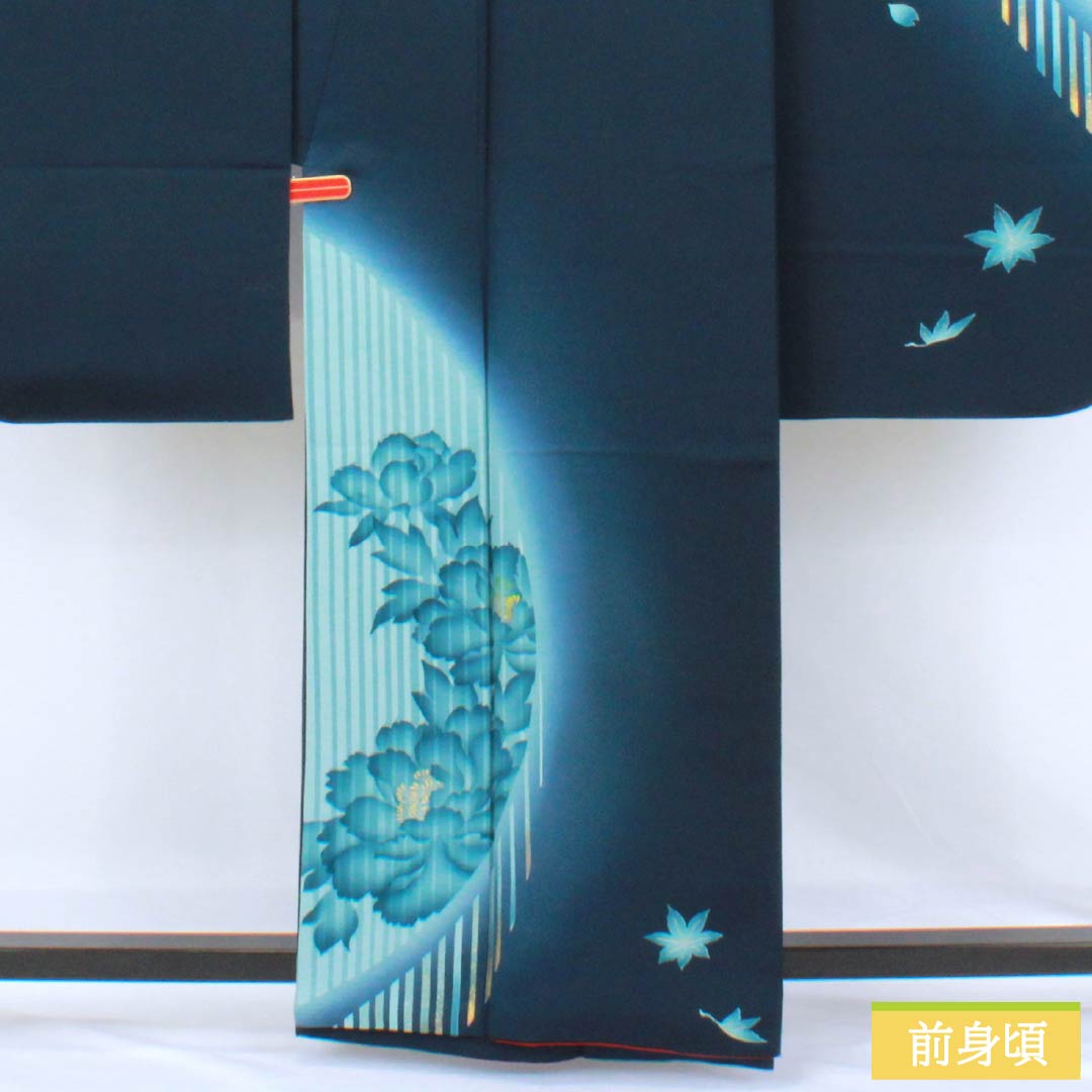 振袖 正絹 Aランク 身丈161cm 裄丈62.5cm 袷 印度藍色(いんどあいいろ) 京友禅 牡丹 紅葉 紺系 1113002833418