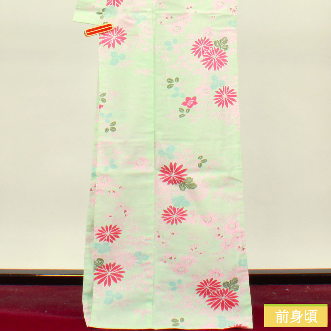 Yukata Cotton Length 168.5cm Sleeve length 64cm S rank Single layer Greenish white-green Chrysanthemum Cherry blossom Bush clover 1118004682519