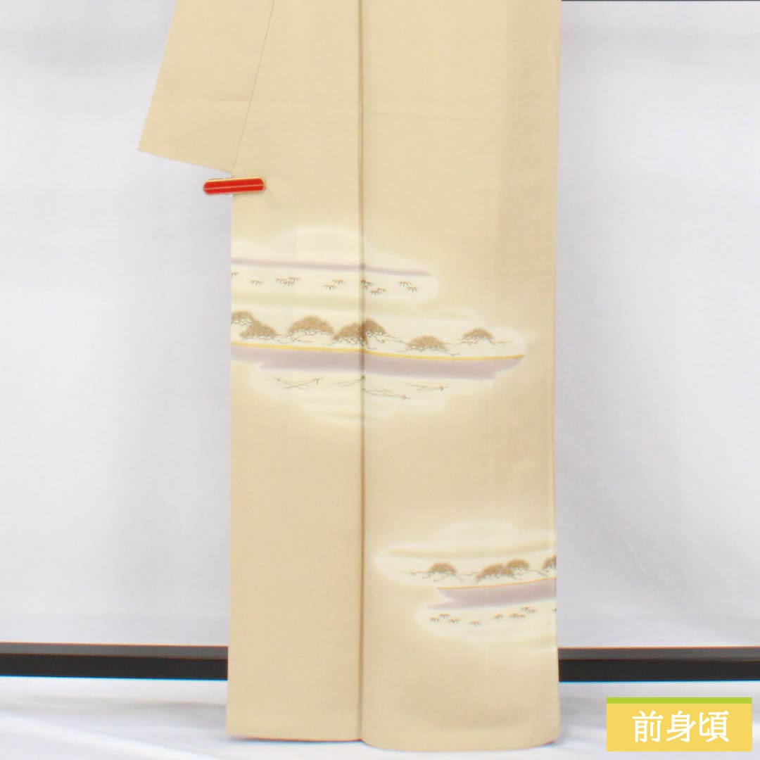 訪問着 正絹 Aランク 袷 身丈165cm 裄丈64.5cm 東京白茶色(とうきょうしらちゃいろ) 霞 松 竹 パールトーン加工 ベージュ系 1112006883525