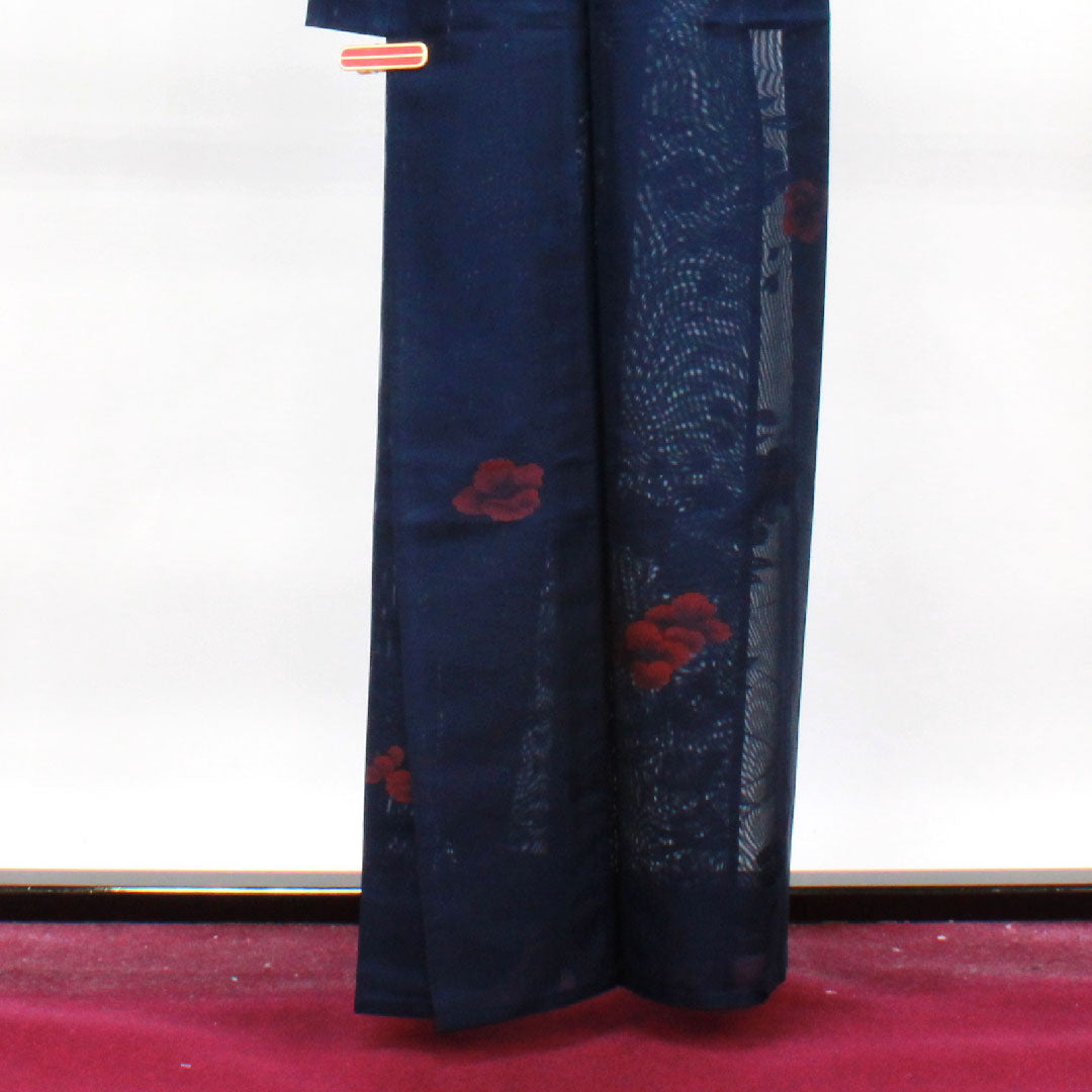 夏物 正絹 小紋 身丈161cm 裄丈64.5cm 濃紺色(のうこんいろ)椿 紗 Sランク 紺系 1132001182418