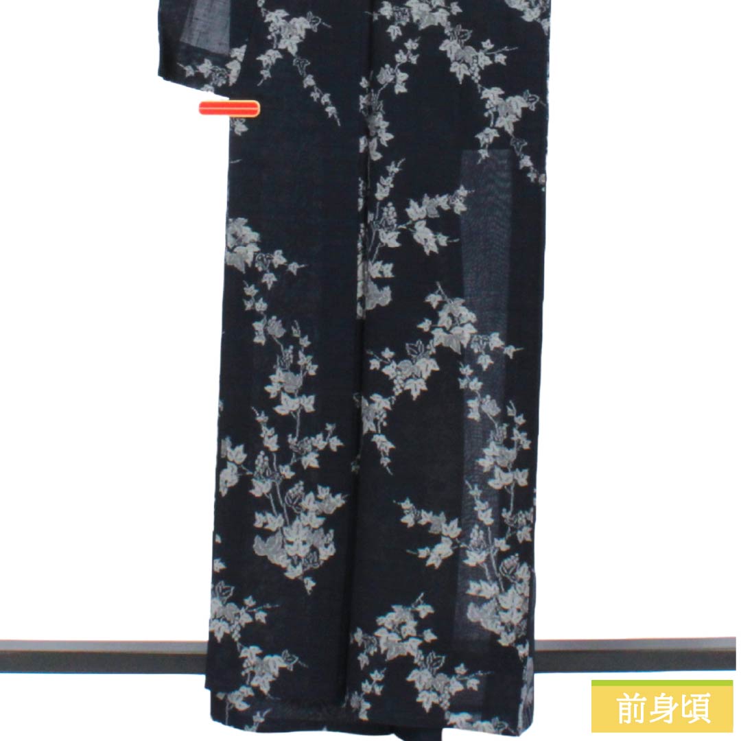 夏物 正絹 紬 Aランク 身丈162cm 裄丈66cm 濃紺色(のうこんいろ) 草木 紗 紺系 1132004983418