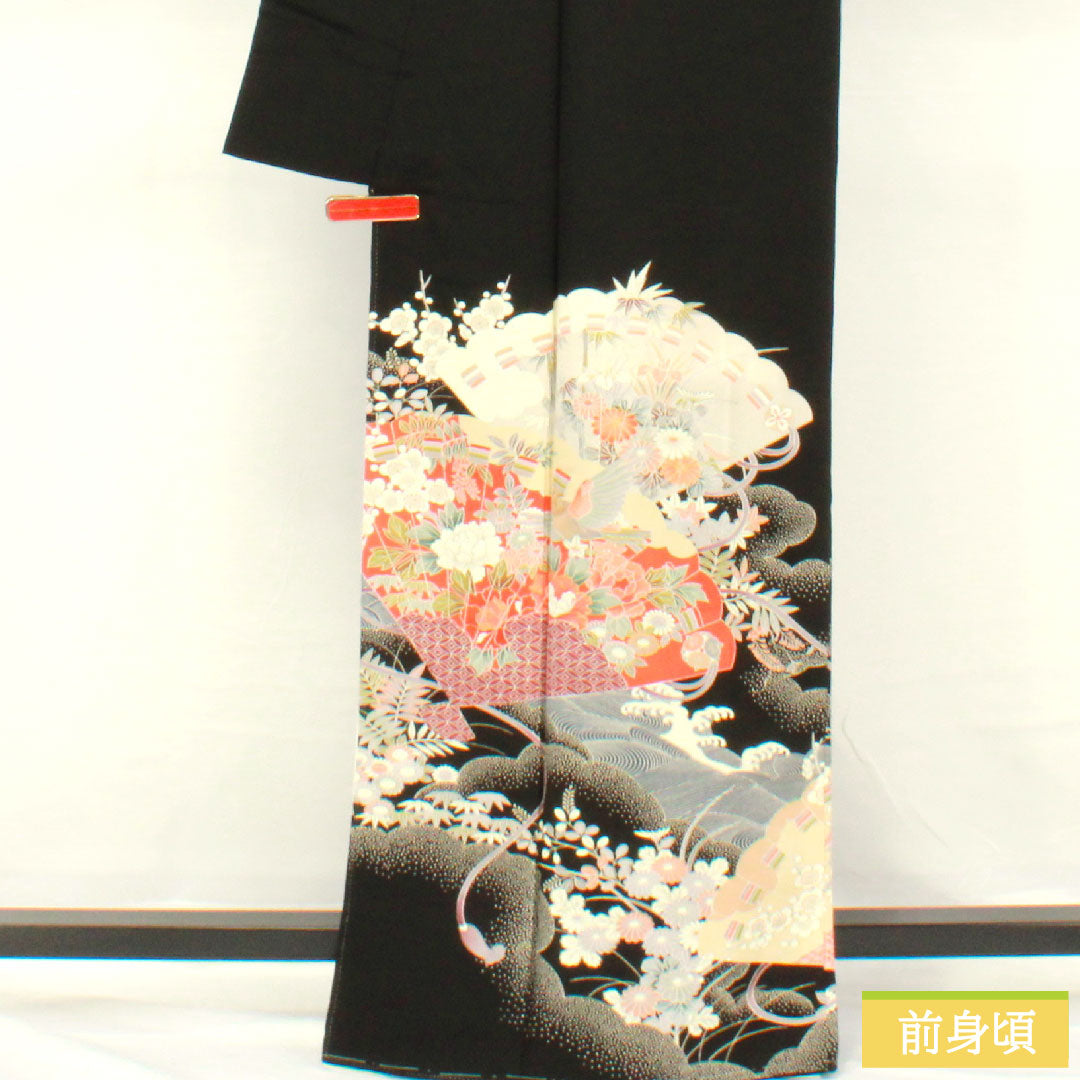 黒留袖 正絹 身丈164.5cm 裄丈63cm 袷 京友禅 波 檜扇 梅 五つ紋 五三桐 Aランク 黒系 1111001523410