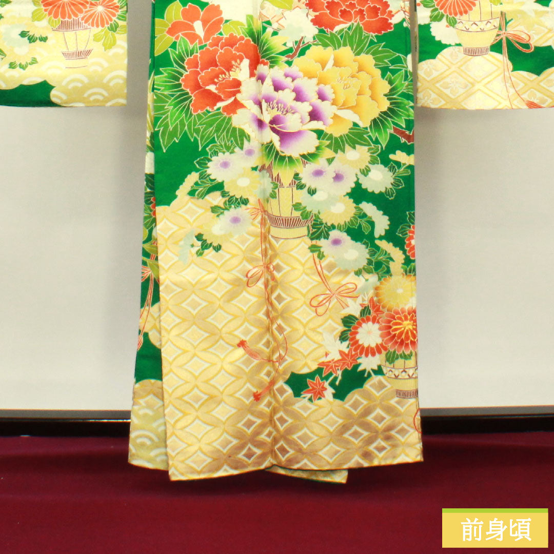 振袖 正絹 身丈161.5cm 裄丈65cm 袷 濡葉色 京友禅 吉祥文様 Aランク 緑系 1113001973419
