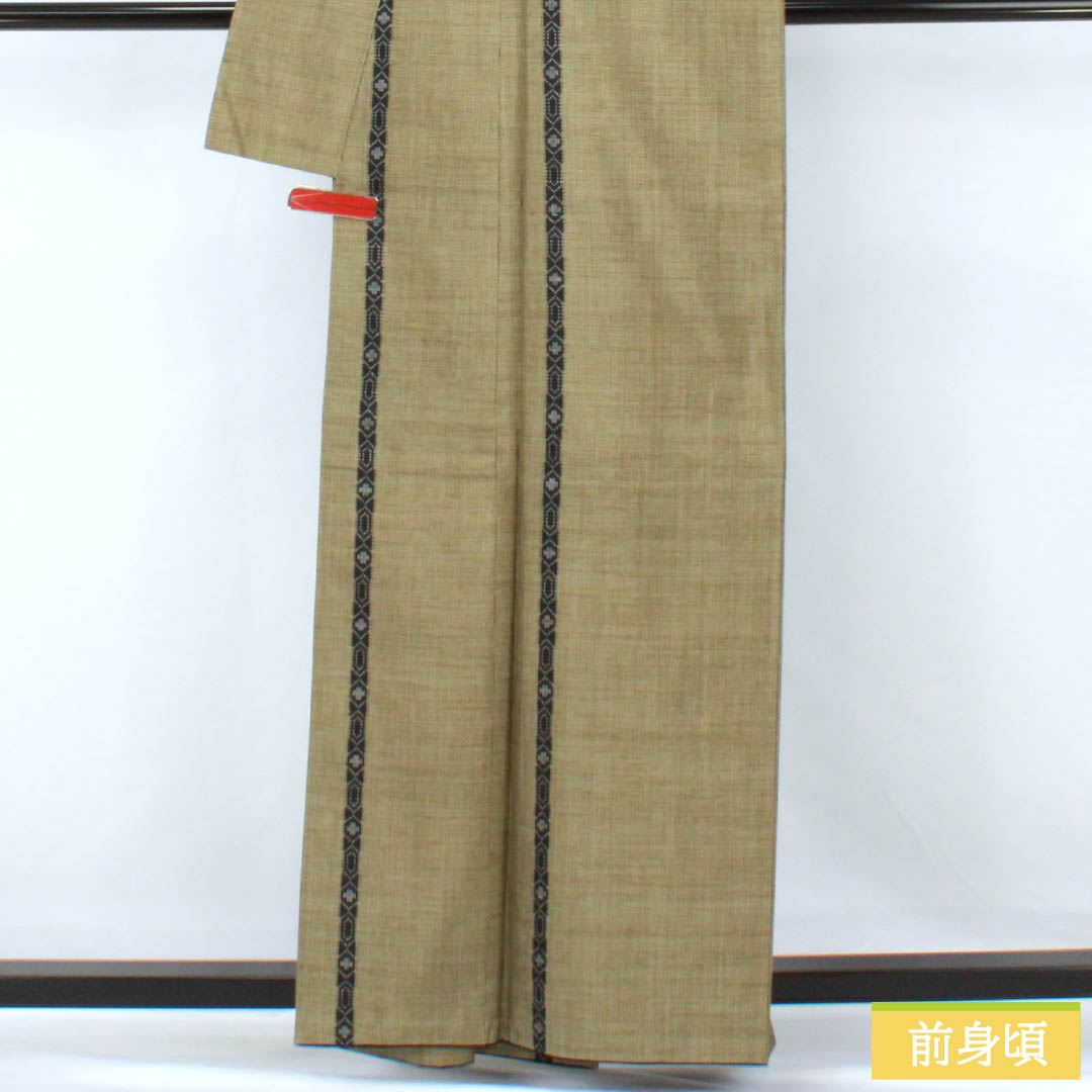 Silk Tsumugi (S-Rank) - Length 160.5cm, Sleeve Length 62cm, Kobichairo (Lustful Brown) - Authentic Oshima Tsumugi, Ichigen Kasuri Pattern, 7 Marks, Lined, Green, Product Number: 1116004522419