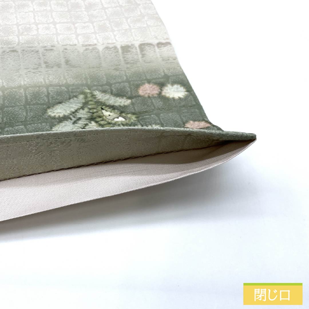袋帯 正絹 青柳鼠色(あおやなぎねずいろ) 絞り 辻ヶ花 帯丈442cm Sランク ポイント柄 セミフォーマル 緑系 1123014842319