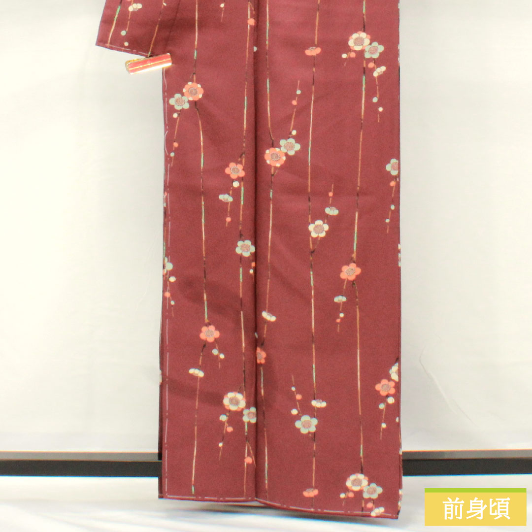 小紋 ポリエステル 身丈162cm 裄丈65.5cm 袷 紫土色(しどいろ) 洗える着物 梅 しつけ糸付き Aランク 紫系 1115004853420
