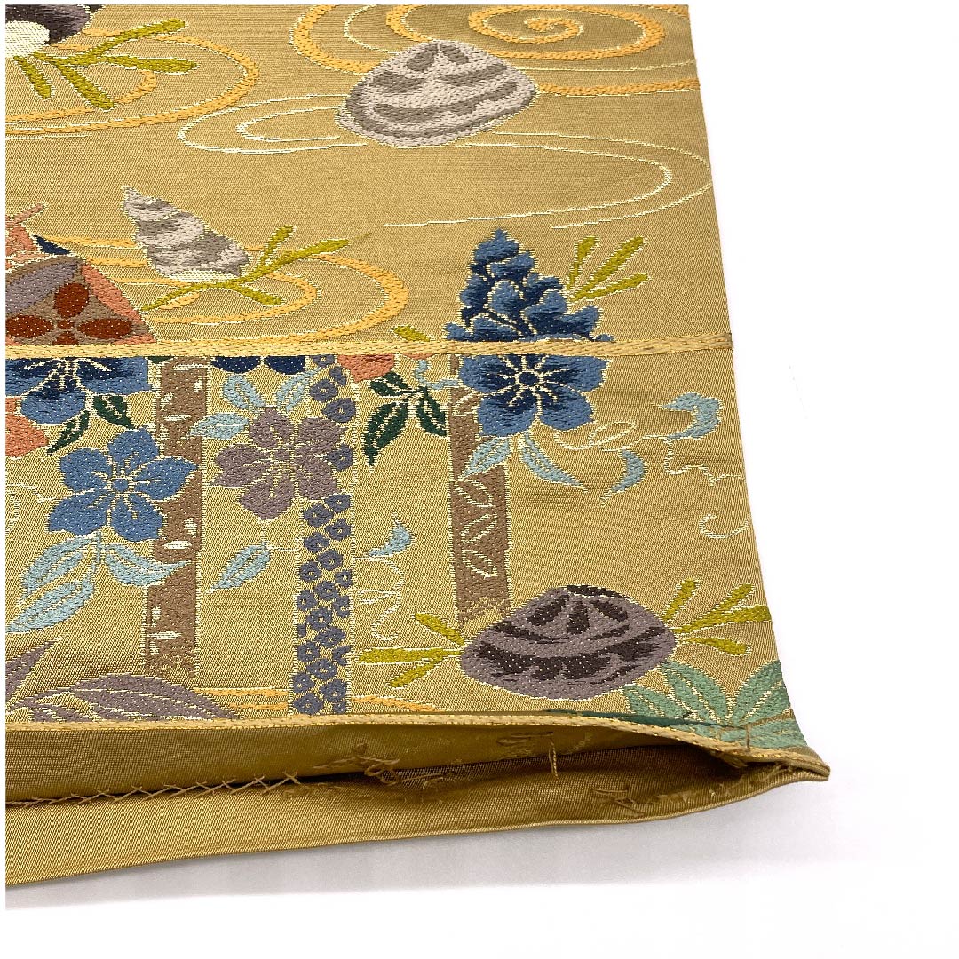 Fukuro Obi (Japanese sash) in gray, with treasures, boat, pine, Shirayaen Oba, obi length 432cm, pure silk, S rank, six-pass, formal, beige, 1123008942325