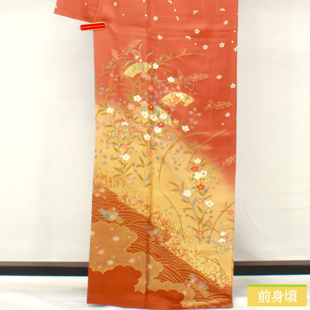 訪問着 正絹 袷 身丈165.5cm 裄丈64cm 緋褪色(ひさめいろ) 京友禅 草花模様 扇面 Sランク 茶系 1112005512514
