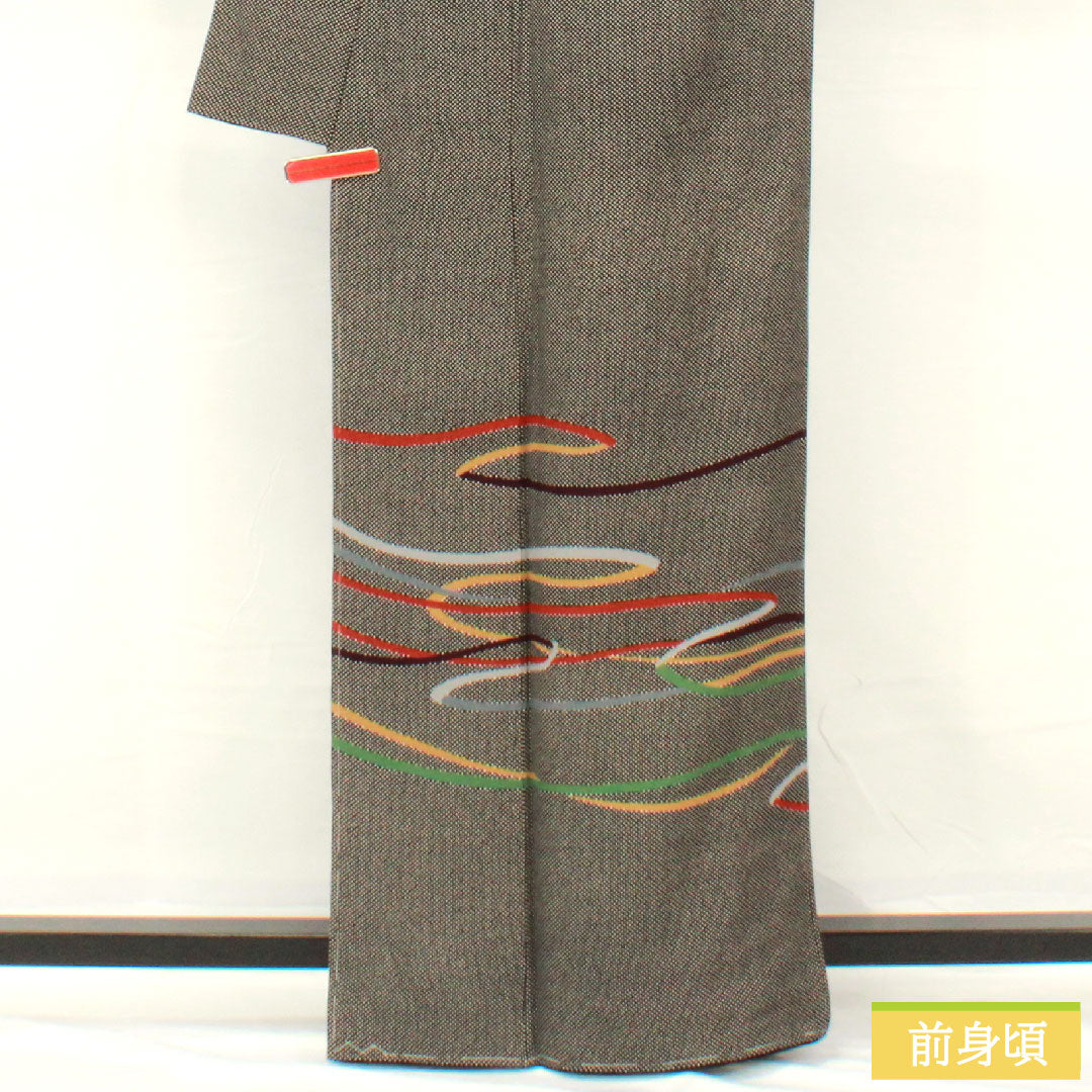 訪問着 正絹 袷 身丈161cm 裄丈64.5cm 行儀 抽象模様 しつけ糸付き 未使用品 Sランク 黒系 1112005122410