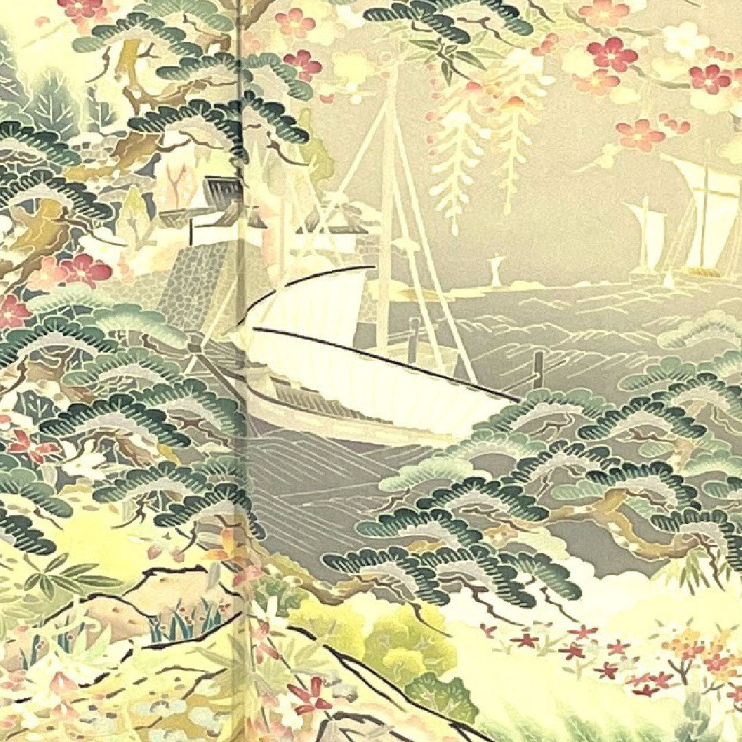 Black formal kimono, length 161.5cm, sleeve length 66cm, lined, artist's work, landscape pattern, hanging wisteria, pure silk, A rank, five crests, black, 1111000353410