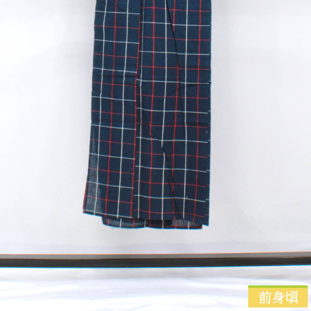Cotton Yukata, Length 142cm, Sleeve Length 63cm, Rank B, Single Layer, Navy Blue, Shijira Weave, Red and White Check Pattern, 1118005834118