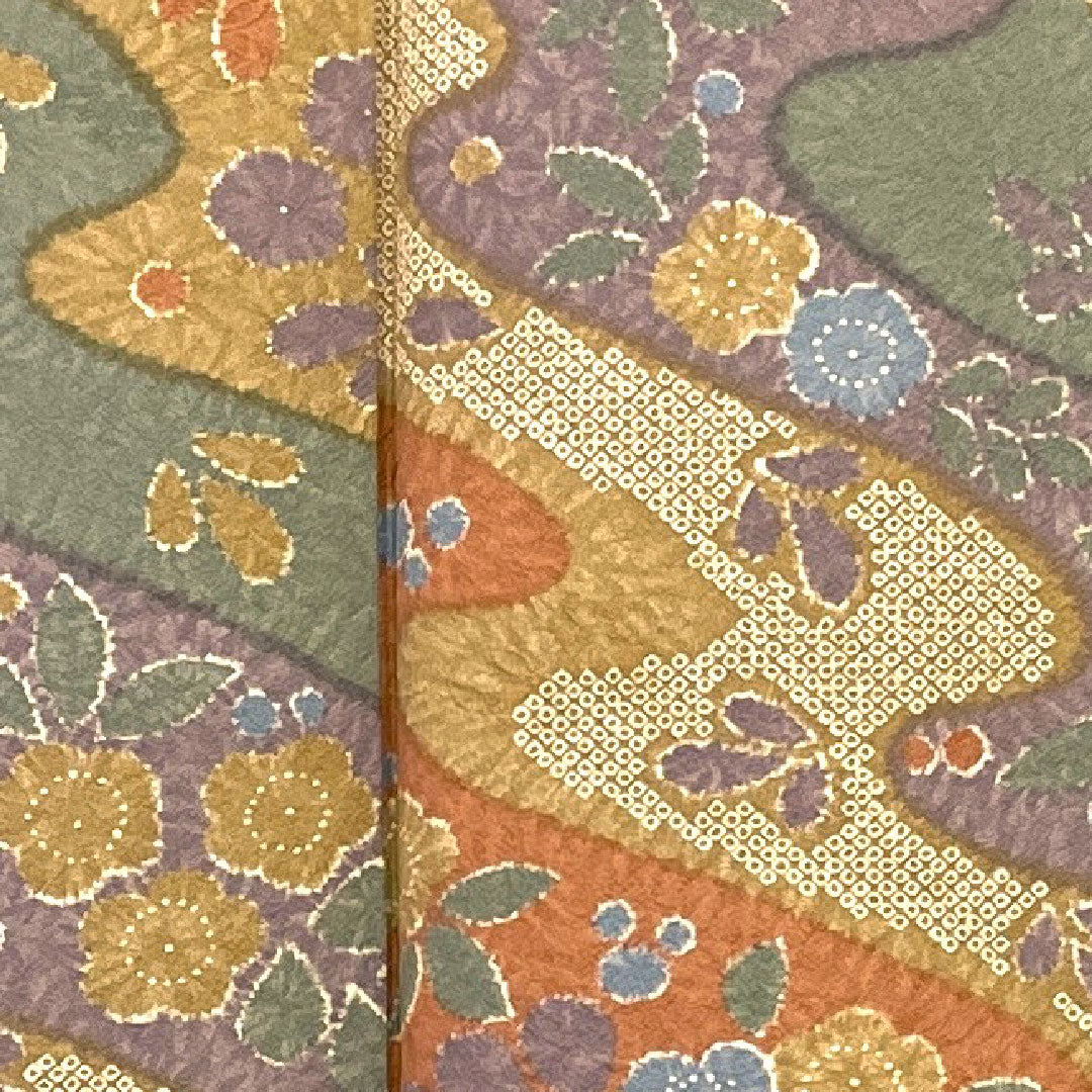 Small pattern, Length 166cm, Sleeve length 67cm, Awase, Cherry blossoms, Flowing water pattern, Pure silk, S rank, Yellow, 1115000452523