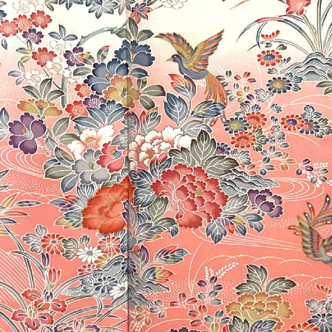 Homongi, lined, length 162.5cm, sleeve length 65cm, single layer plum color, Kyoto Yuzen, floral pattern, pure silk, S rank, pink, 1112001922413