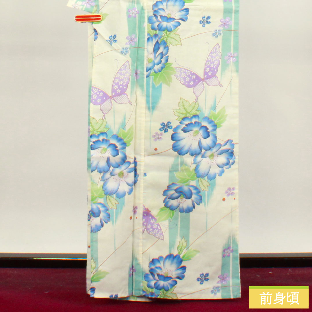 浴衣 木綿 身丈165cm 裄丈66cm Sランク 単衣 白系 蝶 牡丹 撫子 1118004692511