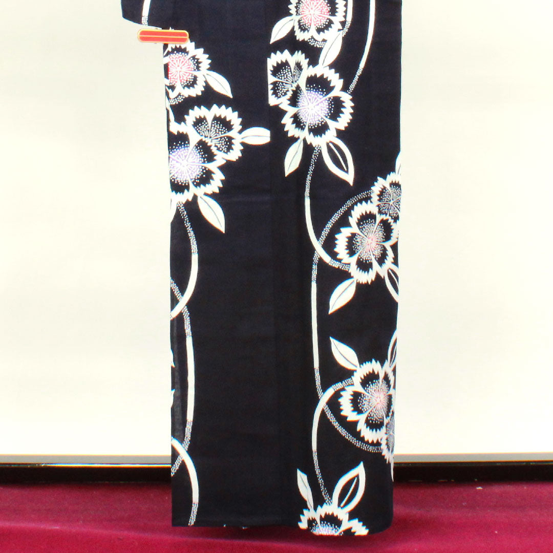 浴衣 しつけ糸付き 未使用品 褐色 撫子 木綿 Sランク 単衣 身丈162cm 裄丈64.5cm 紺系 1118002062418