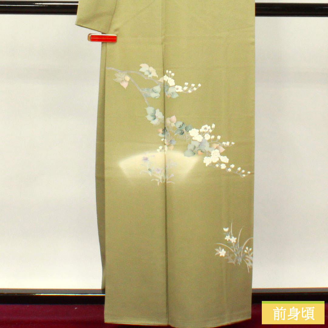 訪問着 正絹 袷 身丈160.5cm 裄丈66cm 利休色 京友禅 草花模様 剣片喰 Sランク 緑系 1112003492419