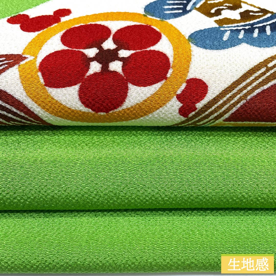 Nagoya obi, light green, stencil dyeing, Kyoto red pattern, pine, Kyogen crest, Japanese crepe, obi length 378.5cm, pure silk, A rank, point pattern, casual, green, 1124005793319, Nagoya style