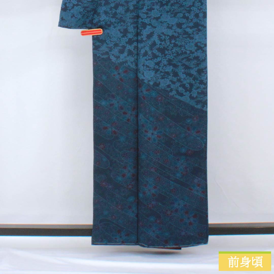 訪問着 正絹 身丈159cm 裄丈62cm 袷 濃紺色(のうこんいろ) 型染 総花 Aランク 紺系 1115005403318
