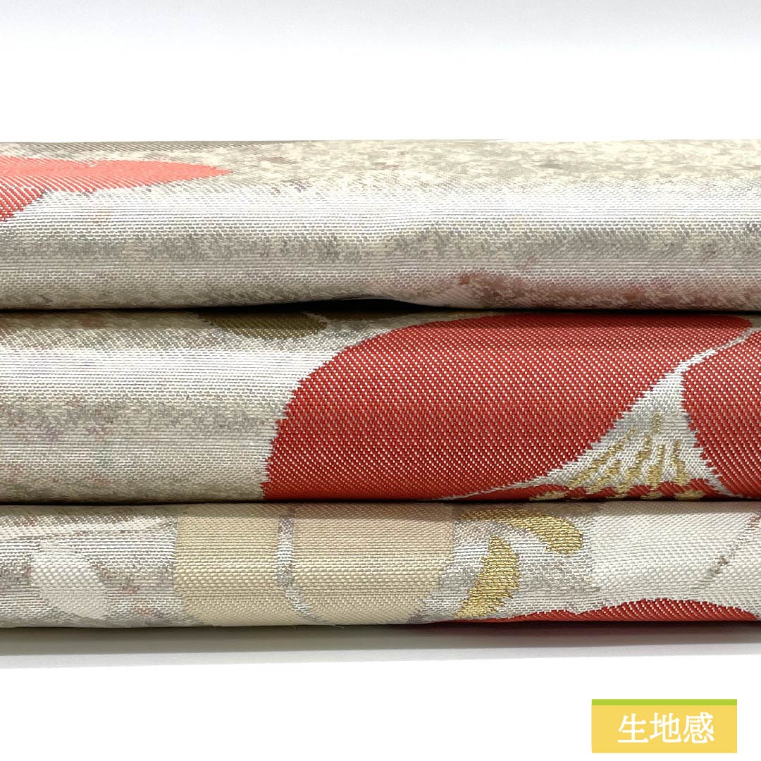Nagoya obi, chalk-colored, Hasegawa Orimono, Shinei Saika, camellia, obi length 359cm, pure silk, S rank, six-pass, casual, silver, 1124007872322, Nagoya-made