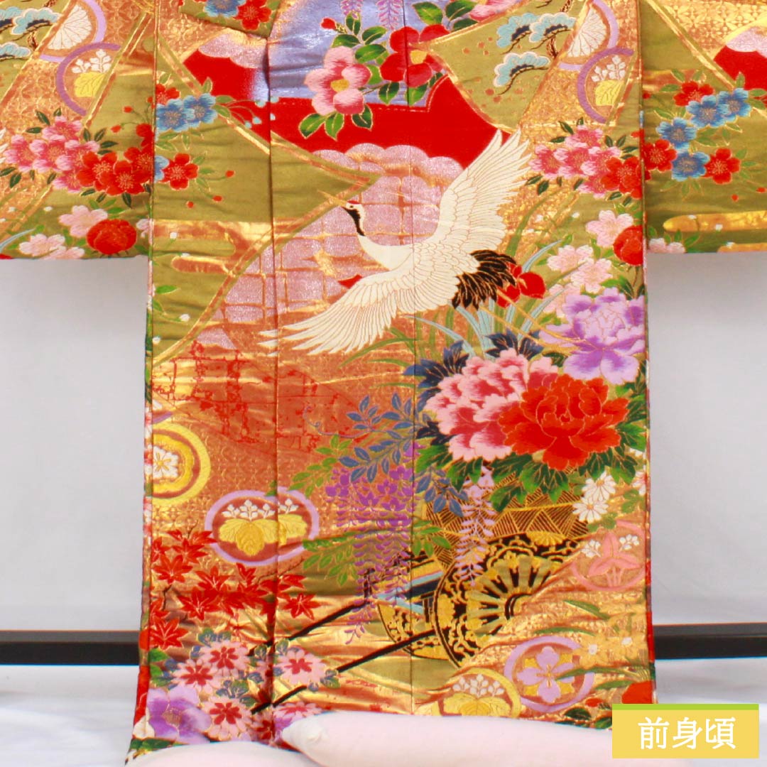 色打掛 正絹 Sランク 身丈191cm 裄丈64cm 赤色(あかいろ) 唐織 吉祥文様 鶴 花車 袷 赤系 1110001062912