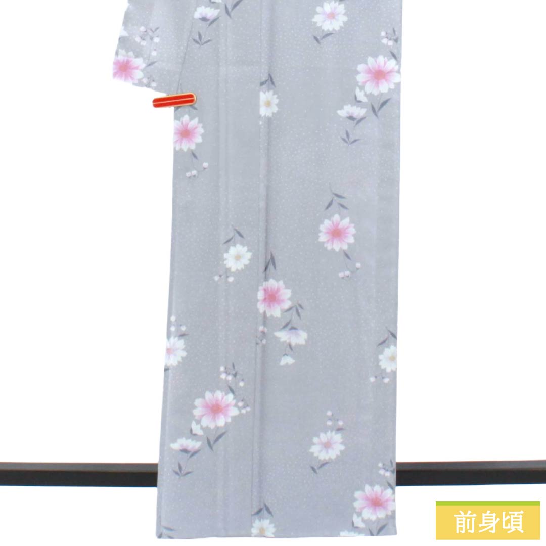 夏物 ポリエステル 小紋 Sランク 身丈164.5cm 裄丈66cm 水銀色(すいぎんいろ) 花柄 洗える着物 絽 グレー系 1132003592422