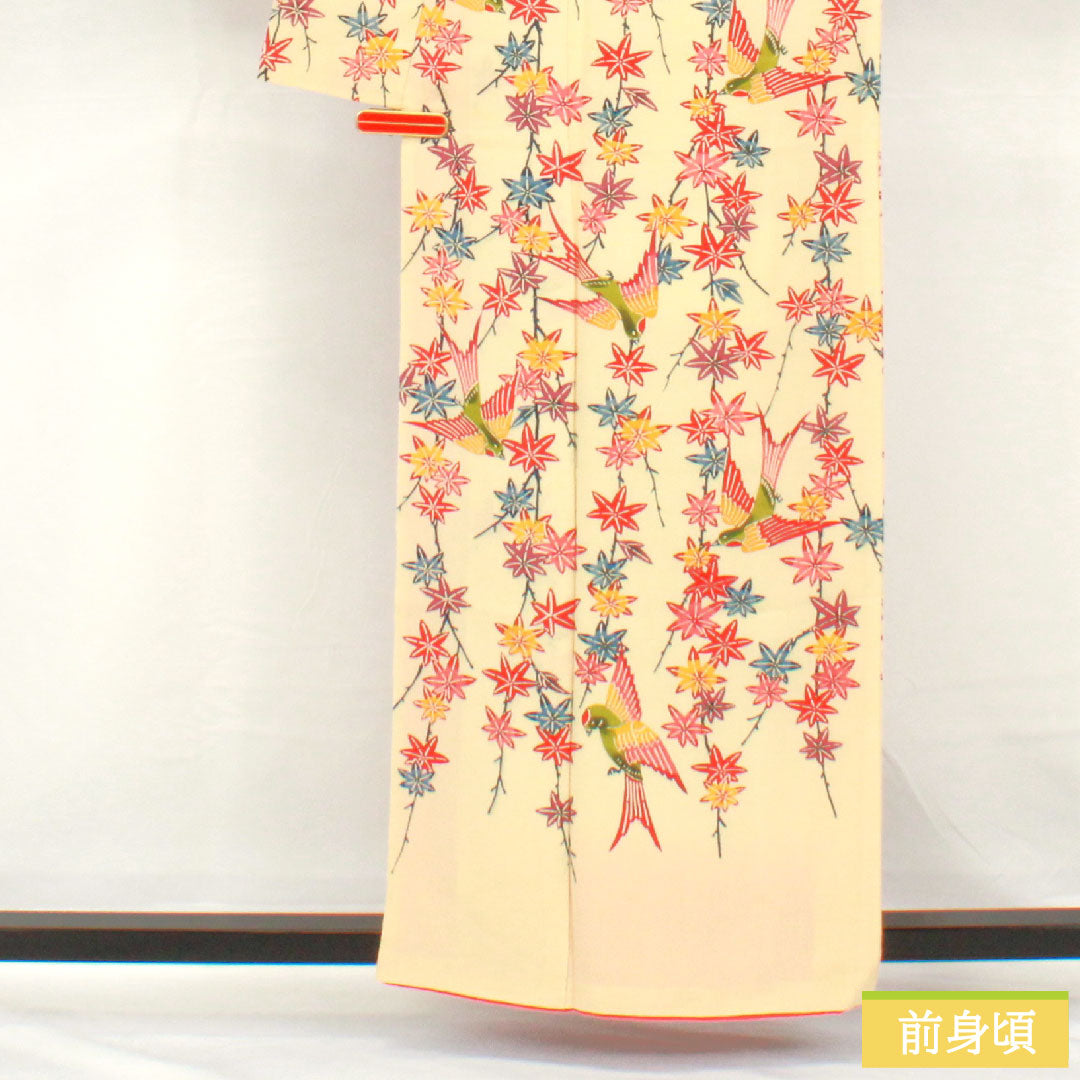 訪問着 正絹 袷 身丈158.5cm 裄丈65cm 密陀僧色(みつだそういろ) 京紅型 紅葉 鳥 Aランク クリーム系 1112005943315
