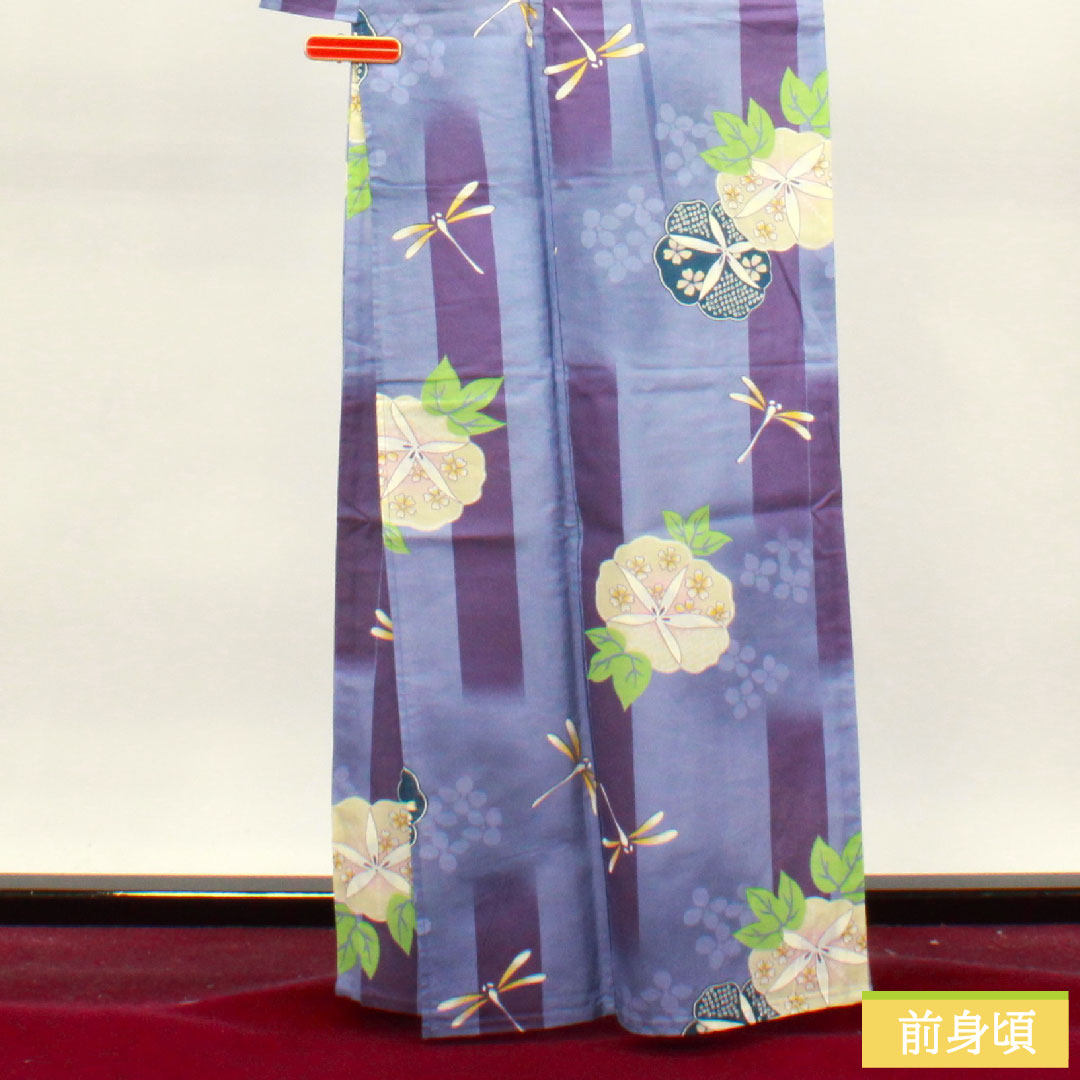 浴衣 木綿 身丈162.5cm 裄丈63.5cm Sランク 単衣 紫系 紅碧色(べにみどりいろ) とんぼ 朝顔 1118004762420