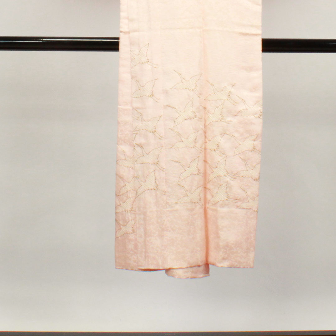 Long undergarment, pure silk, length 135cm, sleeve length 68cm, lined, formal, crane, partially dyed, patterned feathers, S rank, pink, 1129000532413
