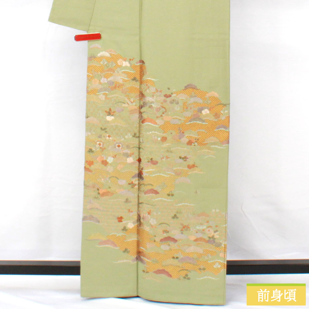 色留袖 正絹 身丈163cm 裄丈67cm 袷 薄柳色(うすやなぎいろ) 蘇州刺繡 丹後ちりめん 吉祥文様 三つ紋 丸に下り藤 Sランク 緑系 1111001682419