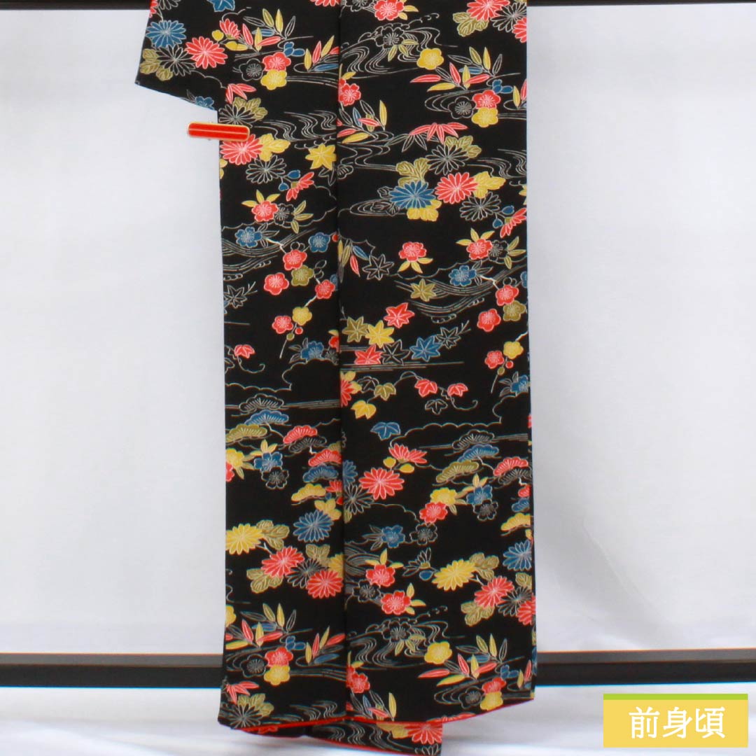 Komon (small pattern) silk, S rank, length 158.5cm, sleeve length 65.5cm, lined, stencil-dyed, pine, bamboo, plum, chrysanthemum, black, 1115006872310
