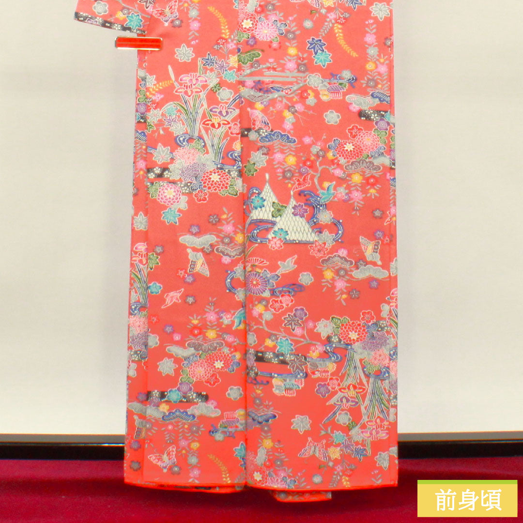 Komon, pure silk, length 161.5cm, sleeve length 64.5cm, lined, medium crimson, Kyoto Bingata, auspicious motif, S rank, pink, 1115004022413