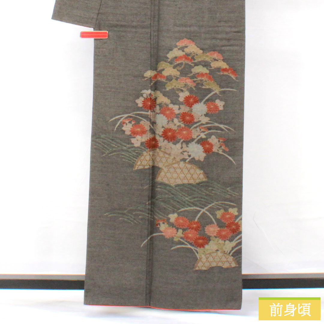 訪問着 正絹 袷 身丈160.5cm 裄丈63.5cm 熨斗目色(のしめいろ) 紬地 草花模様 Sランク グレー系 1112005442422