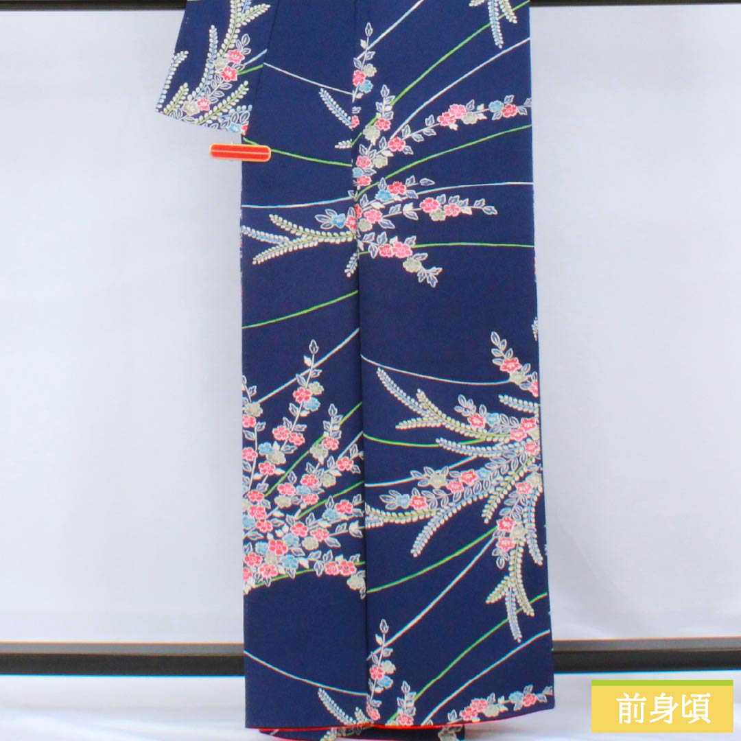 小紋 正絹 Sランク 身丈159.5cm 裄丈63cm 袷 紺色(こんいろ) 型染 草花模様 紺系 1115006842318