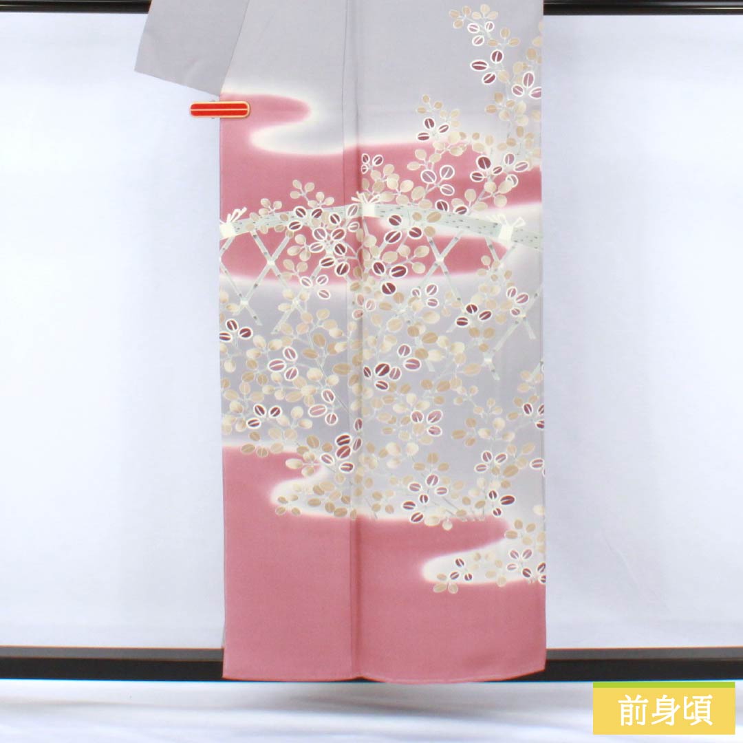 訪問着 正絹 Bランク 袷 身丈154cm 裄丈64.5cm 鈍紫色(にぶむらさきいろ) 一つ紋 中陰五三桐 京友禅 霞 萩 紫系 1112007244220