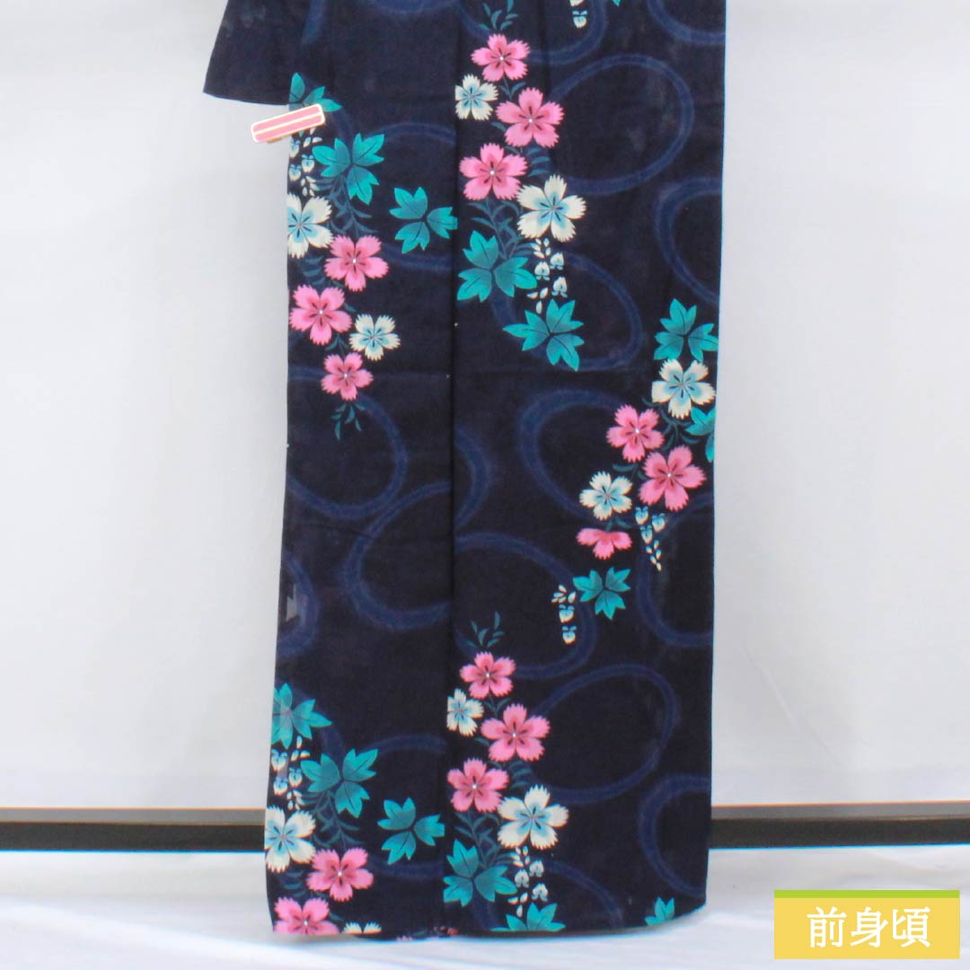 浴衣 木綿 身丈162cm 裄丈69cm Sランク 紗 紺系 褐色(かちいろ) 撫子 1118006402418