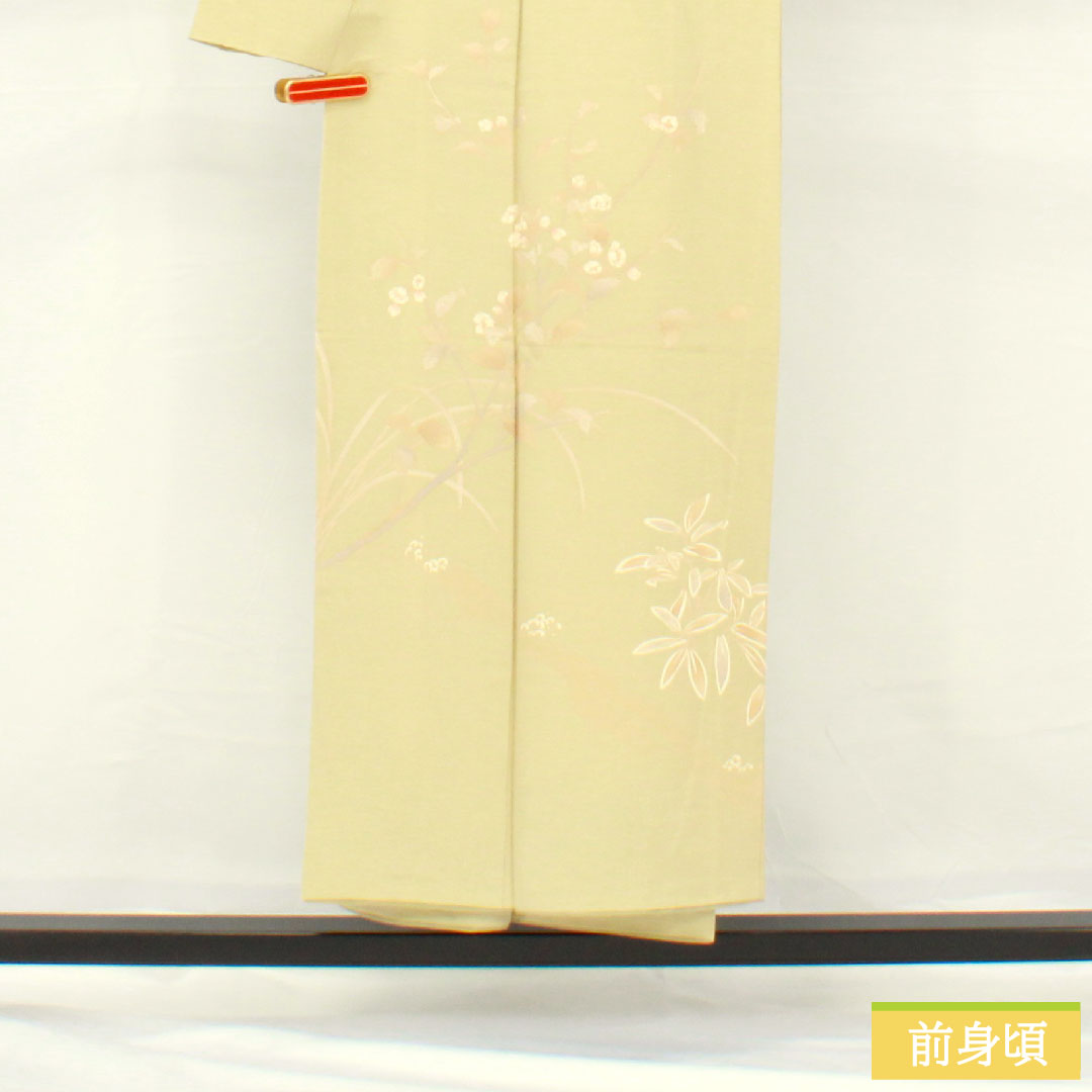 訪問着 正絹 袷 身丈151cm 裄丈61cm 硫黄色)いおういろ) 京友禅 草花模様 一つ紋 三ツ割藤 Aランク 緑系 1112005593219