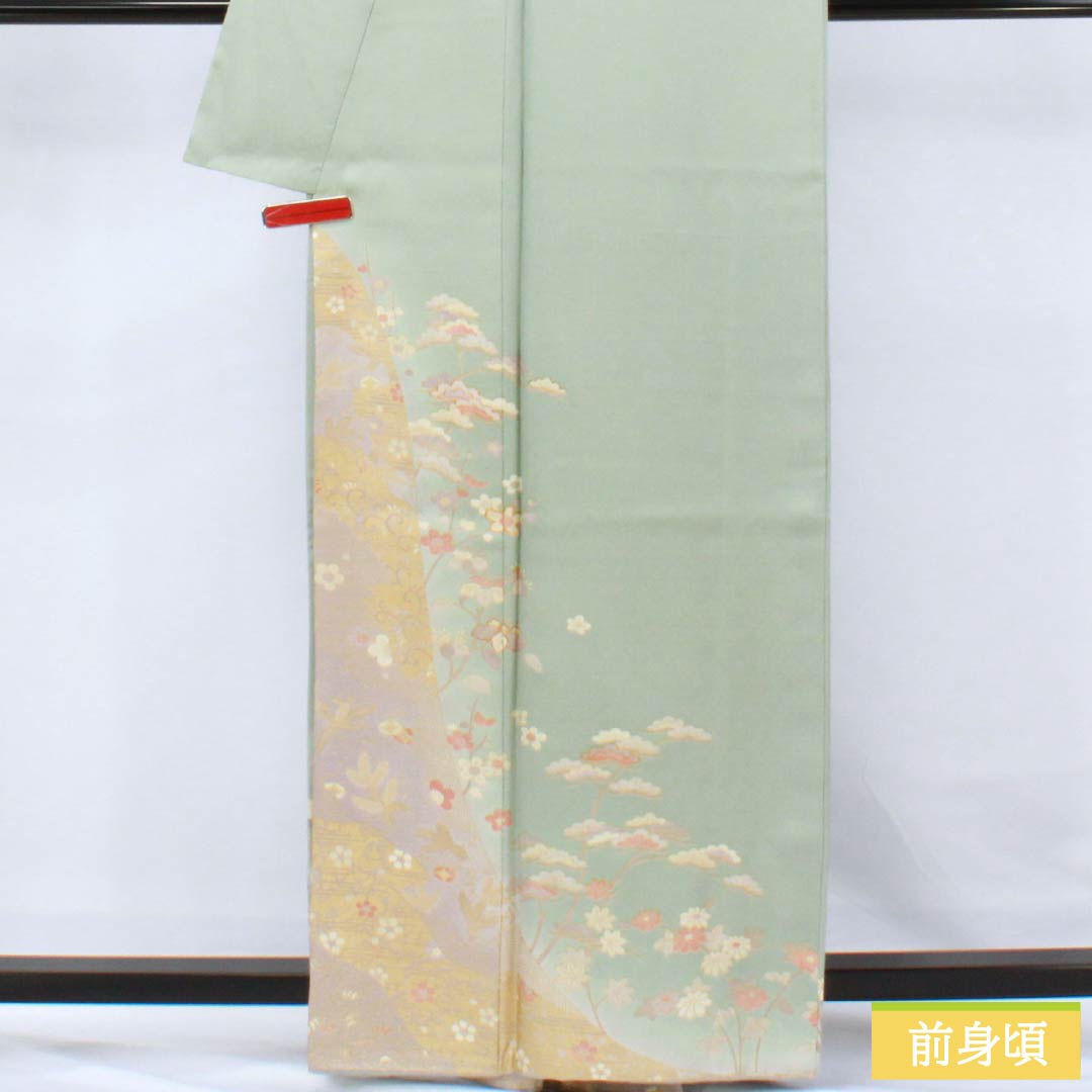 訪問着 正絹 Sランク 袷 身丈161cm 裄丈64cm 百緑色(びゃくろくいろ) 京友禅 草花 三松シルクケア 緑系 1112006222419