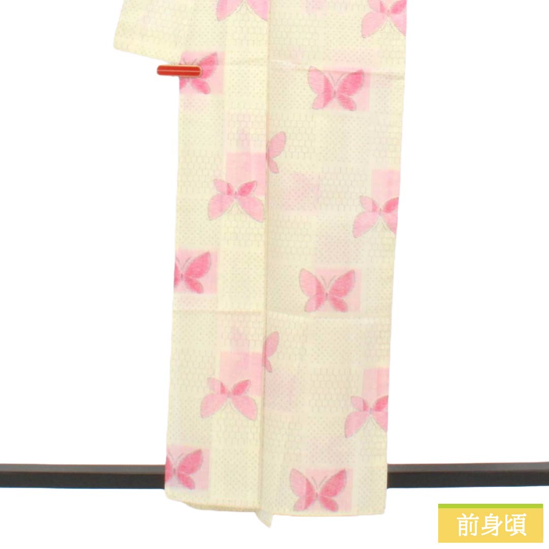 Summer cotton Tsumugi S-rank; length 160.5cm, sleeve-to-sleeve 64cm; milky white, Ichimatsu pattern, butterflies, sheer fabric, white-based. 1132003762411