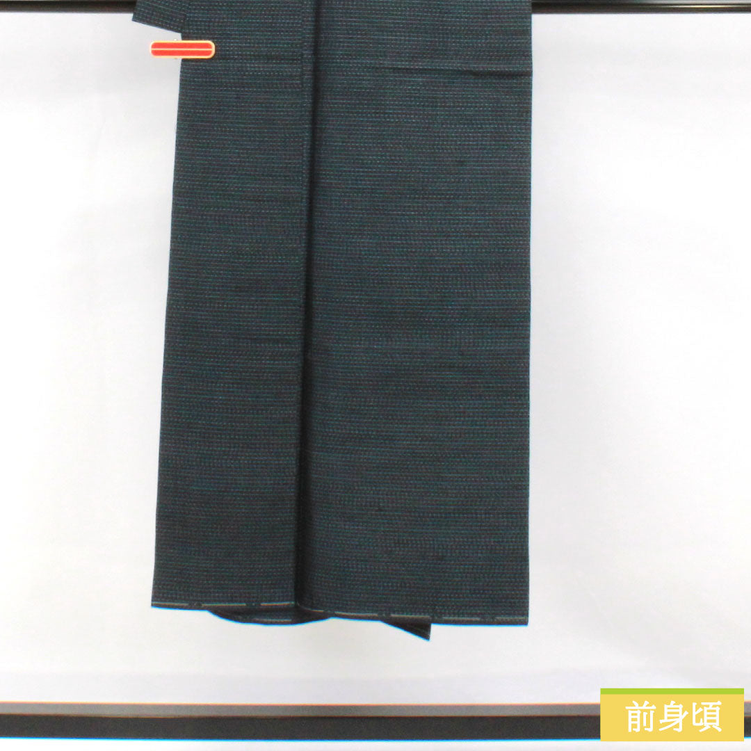 Men's silk S-rank kimono, length 141.5cm, sleeve length 64cm, Oshima Tsumugi with double-patterned horizontal kasuri pattern, basting threads included, lined, navy blue, product number 1119001732418