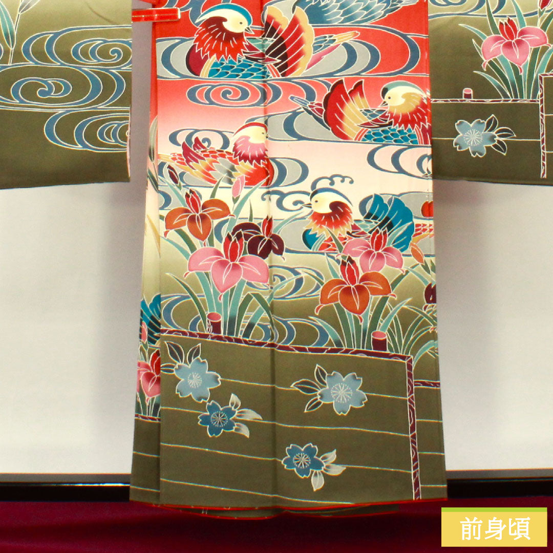 Furisode, pure silk, length 157.5cm, sleeve length 66.5cm, lined, scarlet, Kyoto Bingata, auspicious motif, mandarin ducks, S rank, red, 1113002092312