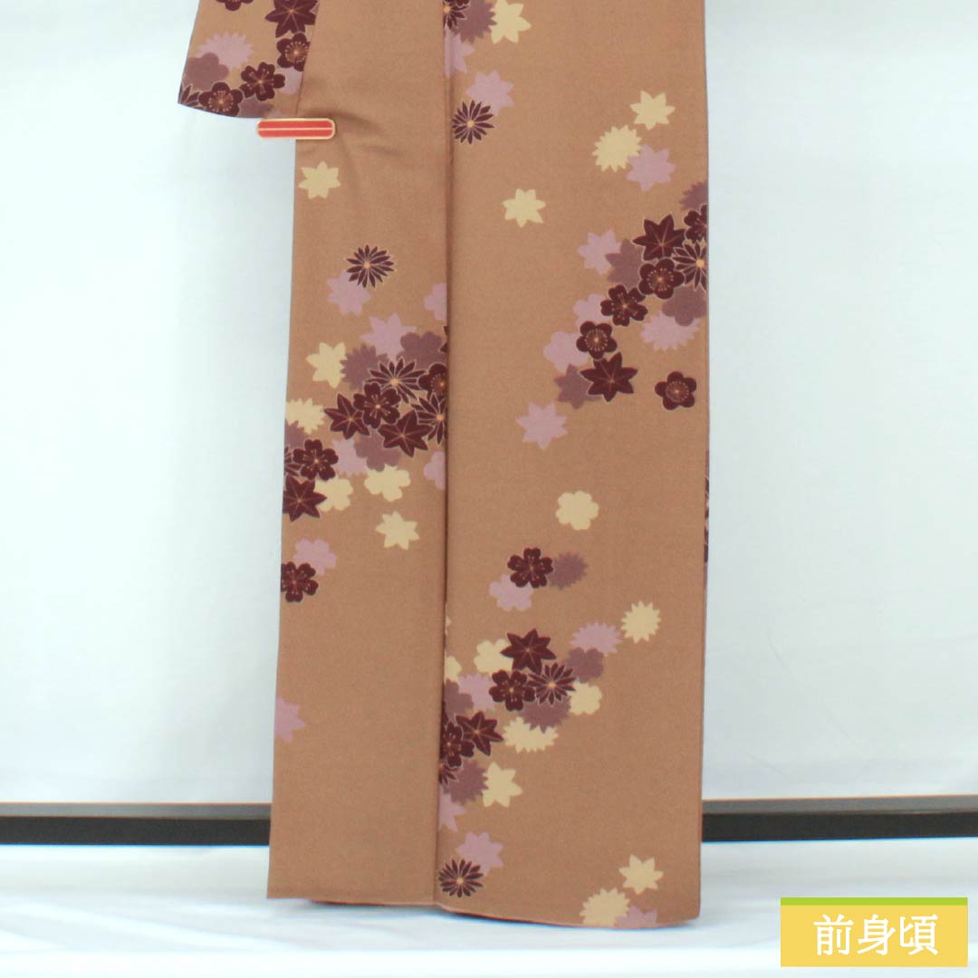 Small pattern, polyester, length 164.5cm, sleeve length 66.5cm, lined, hunting tiger brown (rakko brown), fukiyose, washable kimono, S rank, brown, 1115005802414