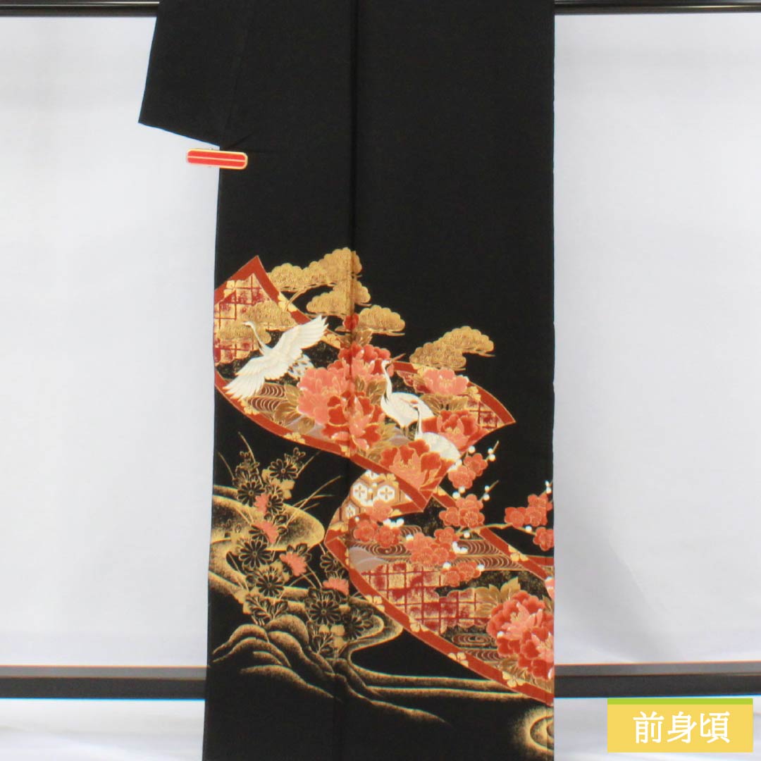 Black Tomesode Kimono, Polyester, Rank A, Length 163.5cm, Sleeve Length 64cm, Lined, Five Crests, Paulownia, Auspicious Patterns of Cranes, Pine Trees, and Plum Blossoms, Washable, Black, Item Number 1111001833410