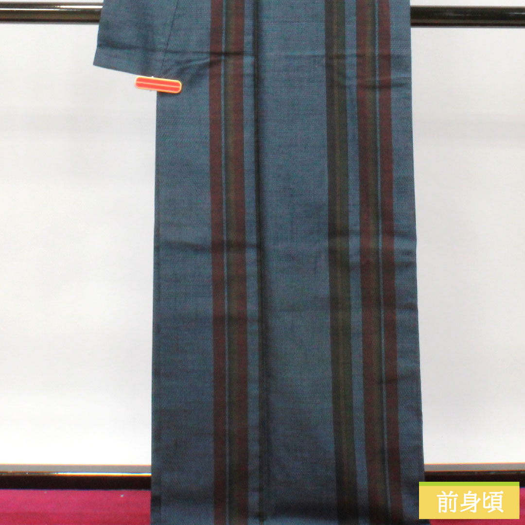 Tsumugi silk, length 168cm, sleeve length 64cm, hexagonal pattern, stripes, S rank, lined, navy blue, 1116003092518